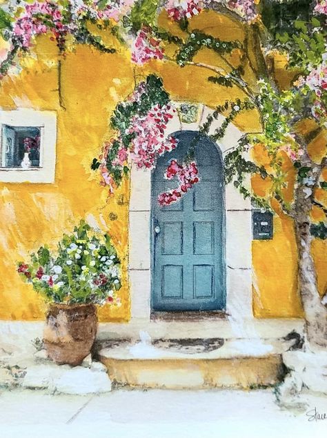 Watercolor Doors And Windows, Watercolor Front Door, Flower Garden Watercolor, Watercolor Doors Paintings, Door Watercolor Painting, House With Blue Door, Window Paintings, Learn Watercolor Painting, Watercolor Paintings Nature