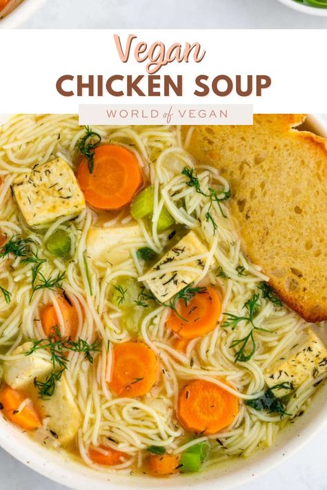 This vegan chicken noodle soup is a cozy and delicious twist on the classic. Packed with fresh veggies, savory noodles, and tender tofu, it’s a simple, hearty meal you’ll love at any time of year! https://www.worldofvegan.com/vegan-chicken-noodle-soup/ Vegan Chicken Noodle Soup Crockpot, No Chicken Noodle Soup, Savory Noodles, Vegetarian Chicken Noodle Soup, Vegan Noodle Soup, Vegan Chicken Recipes, Vegan Chicken Noodle Soup, Workout Recipes, Vegan Winter Recipes