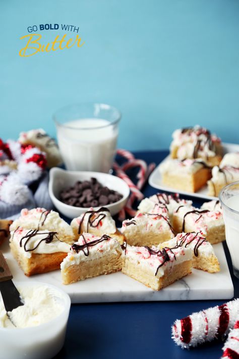 Peppermint is the star of the show in these Candy Cane White Chocolate Bars. A dense cookie bar base is topped with a creamy white chocolate frosting. Adding crushed candy cane and a drizzle of dark chocolate completes this dairy-filled dessert. These festive bars took home the Undeniably Dairy prize in our 2018 Holiday Cookie Recipe Contest. Undeniably Dairy, White Chocolate Bars, Crushed Candy Cane, Chocolate Bar Recipe, White Chocolate Frosting, Xmas Baking, Blackberry Syrup, Blondie Bar, White Chocolate Bar