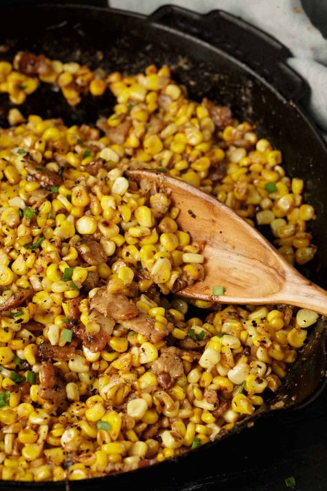 Cooked corn in a skillet with a wooden spoon. Cooked Corn, Skillet Corn, Charred Corn, Corn Dishes, Vidalia Onions, Easy Dishes, Wooden Spoon, Be Ready, Side Dishes Easy