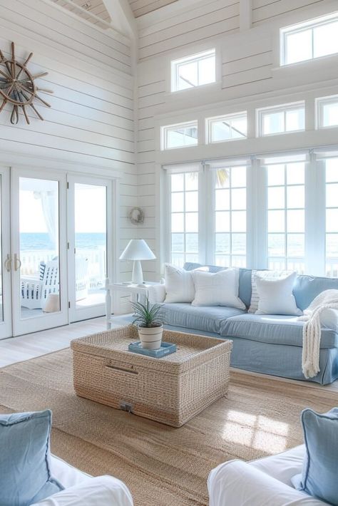 29 Coastal Living Room Decor Inspiration to Create a Seaside Escape Cozy Coastal Living Room, Coastal Decorating Living Room, Beach House Living Room, Beach Place, Farmhouse Decor Ideas, Dream Beach Houses, Living Room Decor Inspiration, Coastal Living Rooms, Modern Beach House