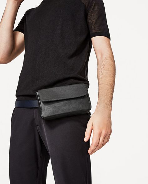 Zara Black Leather Belt Bag, $49.90 Bohemian Culture, Formal Bag, Small Sling Bag, Banana Bag, Collection Ideas, Leather Waist Bag, Zara Bags, Man Black, Sack Bag