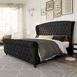 Velvet Upholstered Sleigh Bed with Scroll Wingback Headboard & Footboard/Button Tufted/No Box Spring Required/Easy Assembly/Black Bed Frame Velvet, Upholstered Sleigh Bed, Sleigh Bed, Wingback Headboard, Platform Bed Frame, Box Spring, Platform Bed, King Size, Bed Frame