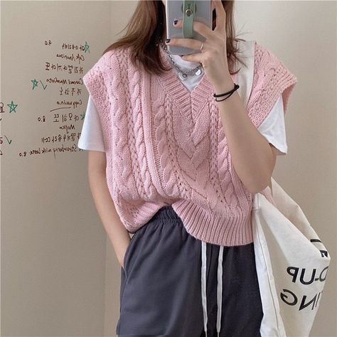 Vest Outfits For Women Korean, Pastel Vest Outfit, Pink Sweater Vest Outfit, Uzzlang Fashion, Ig Dump, Vest Outfits For Women, Outfits Pastel, Sweater Vest Outfit, Knitwear Style