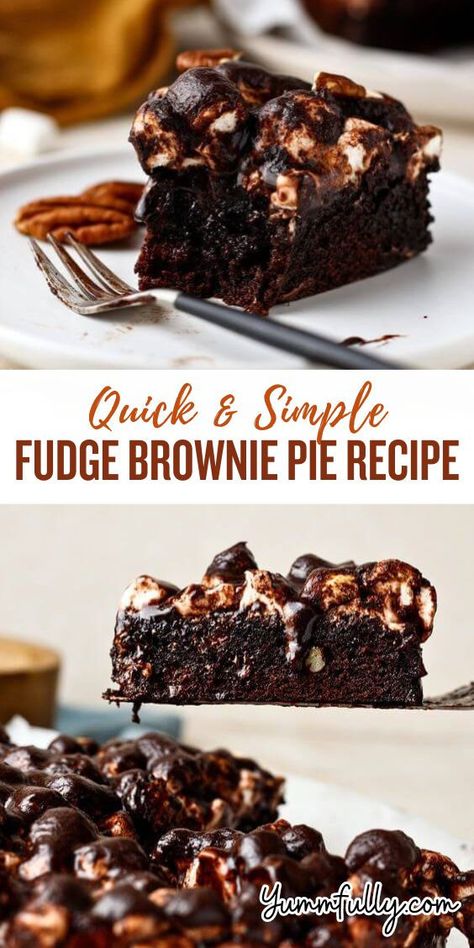 These Quick and Easy Fudge Brownie Pie is a combination of a rich, fudgy brownie texture with the gooey, sweet melted marshmallow topping and chocolate frosting. Made with basic ingredients it’s a perfect and simple recipe for any cooking skill level. With every bite, the marshmallow layer will melt in your mouth. Quick And Easy Fudge, Carrot Muffins Easy, Simple Fudge, Fudge Brownie Pie, Brownie Pie Recipe, Melted Marshmallow, Marshmallow Topping, Easy Fudge, Brownie Pie