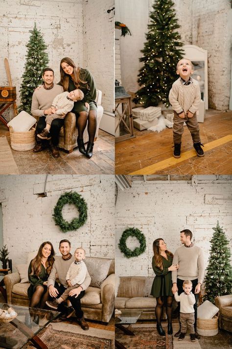 Family Photography Family Christmas Pictures In Studio, Rustic Christmas Family Photos, Winter Indoor Family Photos, Boho Christmas Photoshoot Outfits, Studio Family Pictures Christmas, Studio Santa Mini Sessions, Family Christmas Pictures In Home, Black Outfit Christmas Pictures, Family Christmas Studio Photoshoot