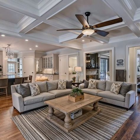 Living Room with Coffered Ceilings Coffered Ceilings Living Room, Coffered Ceiling Ideas Living Room, Rustic Wood Coffee Table, Gray Sectional Sofa, Next Living Room, Wood Coffee Table Rustic, Gray Sectional, Striped Area Rug, White Beams