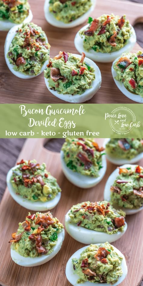 The perfect keto Whole30 appetizer - Bacon Guacamole Deviled Eggs. Full of delicious healthy fats. They will keep you full for hours. Deviled Eggs Keto, Guacamole Deviled Eggs, Peace Love And Low Carb, Bacon Guacamole, Bacon Appetizers, Deviled Eggs Recipe, Perfect Keto, Diet Help, Keto Diet Meal Plan