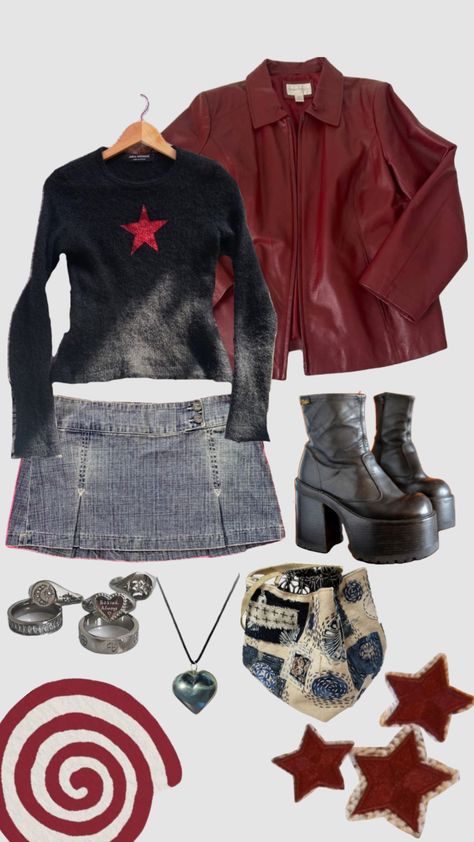 Style Bundle Inspiration, 80s Concert Outfit, Grunge Outfits Autumn, Concert Outfit Ideas Night, Red Vintage Aesthetic, Outfit Bundles, Peony Aesthetic, Rockstar Girlfriend, Fashion Kawaii