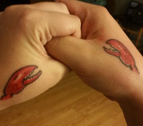 Lobster / Couple tattoos / Lobster Claws / He's her Lobster Matching Lobster Tattoos, Lobster Couple Tattoo, Lobster Tattoo Small Couple, Lobster Claw Tattoo, Lobster Tattoo Couple, Lobster Tattoos, Couple Tats, Lobster Tattoo, Nautical Compass Tattoo