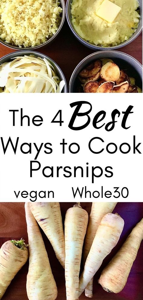 Looking for fun, healthy and cheap ways to get more veggies in your and your family's diet? These easy parsnip recipes will show you how to cook them for any meal, no special equipment needed! Parsnip rice, mashed parsnips, parsnip noodles and roasted parsnips don't need any special equipment and are naturally Paleo, vegan and Whole30 friendly! Parsnip Noodles, How To Cook Parsnips, Mashed Parsnips, Parsnip Recipes, Whole30 Vegan, Roasted Parsnips, More Veggies, Paleo Vegan, Veggie Side Dishes