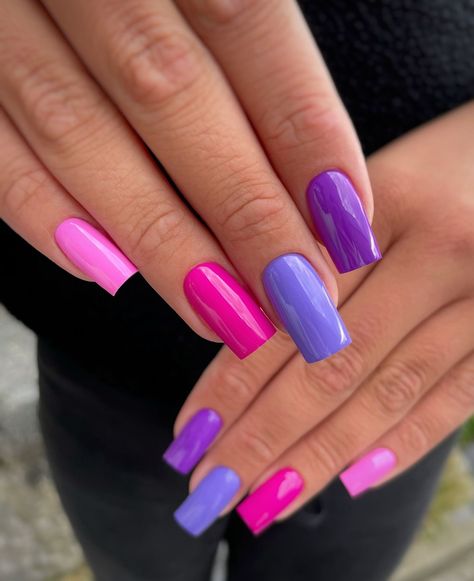 Purple And Pink Valentine Nails, Hippie Nail Ideas, Pink Purple Nails, Pink And Purple Nails, Pink And Blue Nails, Purple And Pink Nails, Shiny Nails Designs, Cute Nail Colors, Multicolored Nails