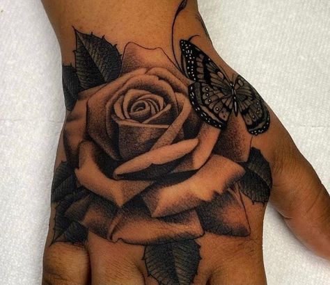 Hand Tats For Women Rose, Hand Tattoo Cover Up, Art Flash Tattoo, Heart Tattoo Ideas, Full Hand Tattoo, Butterfly Hand Tattoo, Rose Hand Tattoo, Art Flash