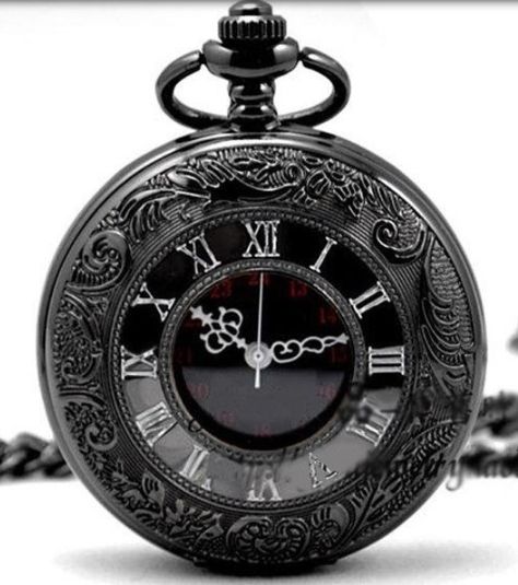 This is a really beautiful and elegant pocket watch. I also love the color because a lot of pocket watches are gold or brass in color. I like the designs around the outside too. Watch Pendant, Steampunk Watch, Skeleton Watches, Pocket Watch Antique, Vintage Pocket Watch, Antique Watches, Black Chrome, Men Vintage, Dieselpunk