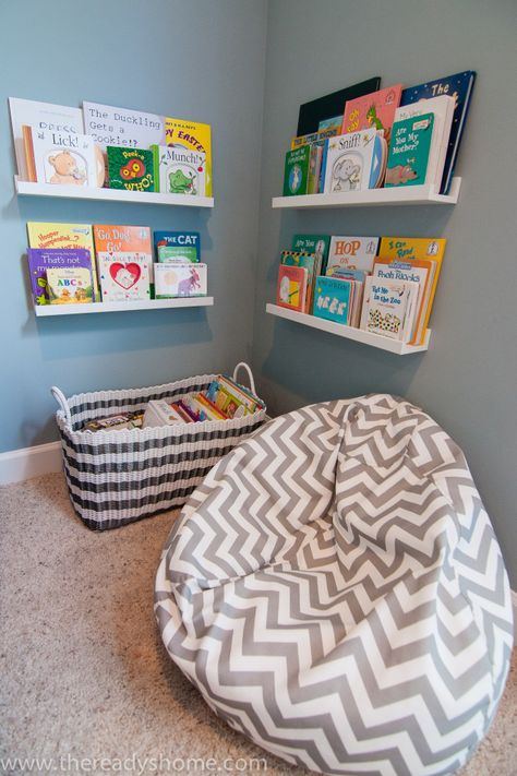 Project Nursery - Kids Reading Nook with Bean Bag Chair - Project Nursery Ledge Shelves, Sons Room, Basement Playroom, Boys Playroom, Girls Playroom, Kid Rooms, Decor Ikea, Picture Ledge, Playroom Design