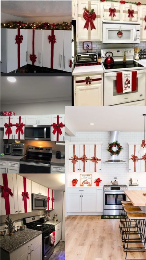 Kitchen cabinets with bows Christmas decoration decorated holiday Christmas Bow On Kitchen Cabinets, Christmas Bows On Kitchen Cabinets, Bows Christmas, Christmas Kitchen Decor, Christmas Bows, Kitchen Cupboards, Aesthetic Room, Cabinet Doors, Christmas Decoration