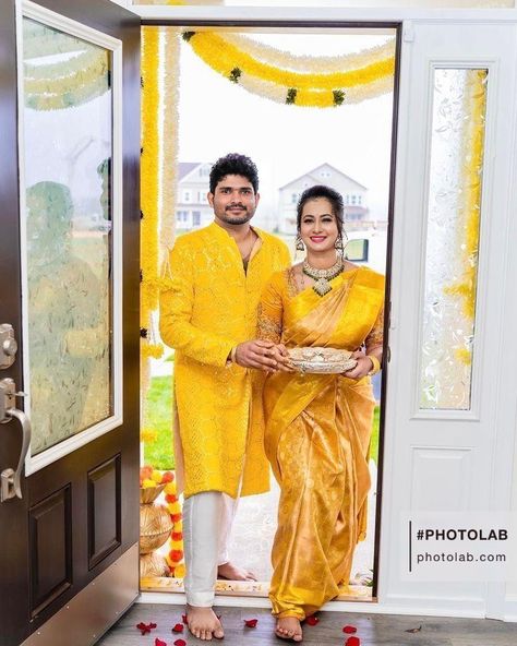 Family Matching Outfits Indian, First Home Pictures, South Wedding, House Warming Ceremony, Family Photoshoot Poses, Bride Hairstyle, Wedding Saree Collection, Fashionable Saree Blouse Designs, Traditional Indian Dress