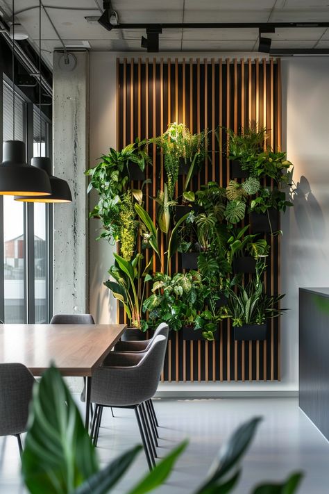 Office Wall Plants, Communal Office Space Ideas, Living Room Green Walls Interior Design, Slat Wall With Plants, Green Wall In Office, Red Office Design, Plant Wall Office, Office Feature Wall Ideas, Plants In Dining Room