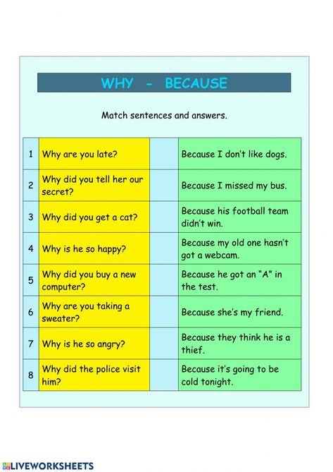 Why - because interactive and downloadable worksheet. You can do the exercises online or download the worksheet as pdf. Why And Because Worksheet, Why Because Worksheet, Conjunctions Worksheet, Helping Verbs, Why Questions, Nouns Worksheet, Kindergarten Skills, School Jobs, Spanish Worksheets