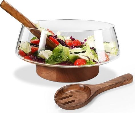 Amazon.com | Airsent Glass Salad Bowl Set with Wood Base Servers, Large 160 oz Hand Blown Glass Bowl Kitchen Must Haves, Big Serving Bowl Elegance Trifle Bowl Glass, Wooden Kitchen Utensils for Party: Salad Serving Sets Trifle Bowl, Salad Serving Set, Wooden Kitchen Utensils, Salad Bowls Set, Kitchen Must Haves, Serving Utensils, Wooden Kitchen, Salad Bowl, Serving Food