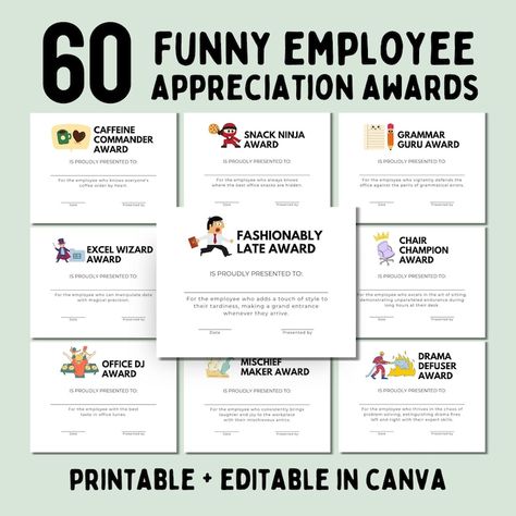 Funny Employee Appreciation Awards 60 Printable Staff Recognition Certificates, Funny Gift for Employee and Colleagues, Coworker Gift Tags - Etsy Employee Award Ideas, Staff Awards Ideas Employee Recognition, Motivational Games For Employees, Funny Employee Awards Hilarious, Employee Recognition Ideas, Funny Awards For Employees, Funny Award Titles, Fun Certificates For Employees, Funny Certificates Awards For Employees