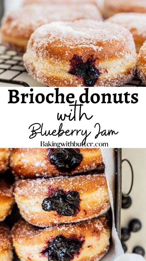 Blueberry Filled Donut Recipe, Jelly Donut Focaccia, Jam Donut Recipe, Bakery Style Donuts Recipes, Jelly Doughnut Recipe, Full Loaded Cream And Jam Donuts Recipe, Japanese Donuts Recipe, Hard Desserts To Make, Jelly Filled Donuts Recipe