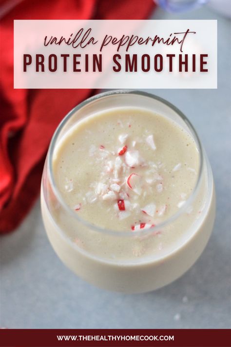 Vanilla Peppermint Protein Smoothie - The Healthy Home Cook Thm Shakes And Smoothies, High Protein Smoothies With Powder, Protein Powder Smoothie Recipes Healthy, Peppermint Mocha Smoothie, Smoothies With Premier Protein Shakes, Owyn Protein Shake Recipes, Smoothie Recipes Healthy Protein, Protein Smoothies Healthy, Healthy Vanilla Smoothie