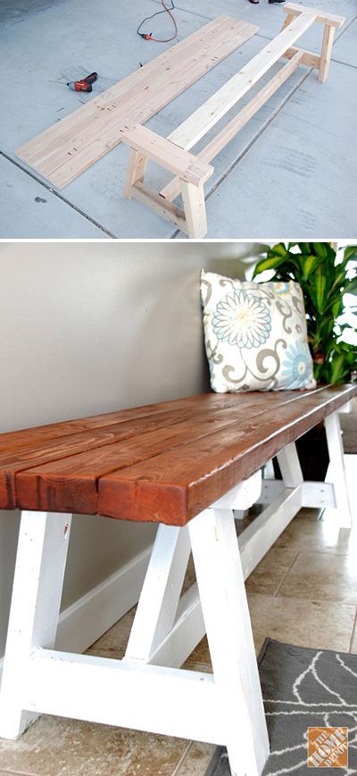 15 DIY Entryway Bench Projects • Tons of Ideas and Tutorials! Including, from 'home depot', a great step by step tutorial on how to build this farmhouse bench. Diy Entryway Bench, Farmhouse Bench, Diy Entryway, Pallet Sofa, Diy Holz, 15 Diy, Wooden Bench, Decoration Inspiration, Diy Wood Projects