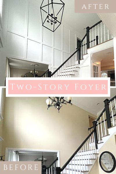 Two Story Foyer Wainscoting, Tall Wainscoting Entryway, Wainscoting Ideas Entryway Stairways, Foyer Landing Decor, Entryway Two Story Foyer, Paneled Entryway Foyers, Decorating Two Story Foyer, 2 Story Foyer Artwork, Decor For Stair Landing