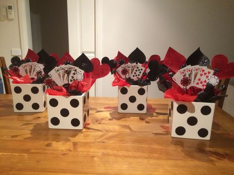 20s Casino Theme Party, Casino Party Table Centerpieces, Casino Night Party Decorations Diy, Deck Of Cards Centerpiece, Casino Theme Party Decorations Table, Casino Table Decor, Casino Theme Party Centerpieces, Casino Prom Theme Tables, Casino Night Party Favors