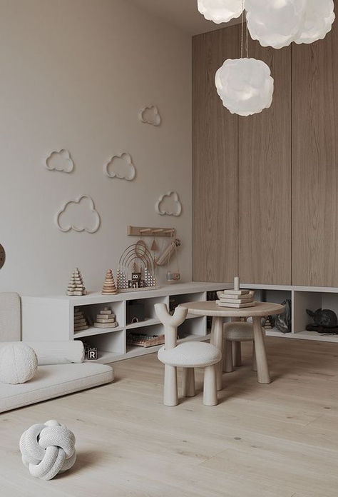 Modern Kids Tv Room, Wabi Sabi Playroom, Playroom Interior Design, Nursery Room Neutral, Beige Kids Room, Japandi Kids Room, Japandi Nursery, Neutral Baby Room Ideas, Aesthetic Kids Room