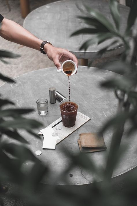 Rain Product Photography, Coffee In Cafe Photography, Coffee Shop Ambience Photography, Cold Brew Photography, Product Photography Coffee, Coffee Shop Marketing Ideas, Coffee Product Photography Ideas, Cafe Aesthetic Photoshoot, Cafe Photography Ideas