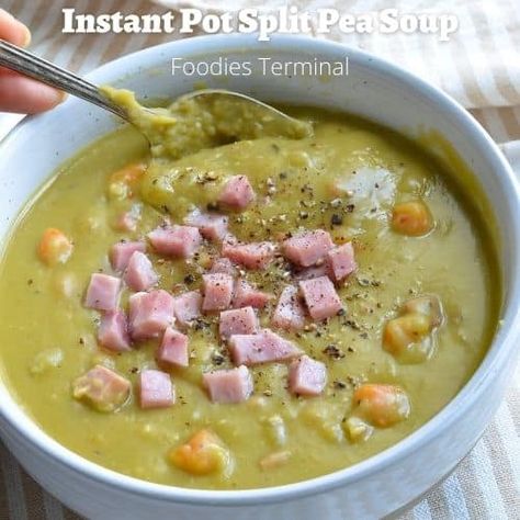 Instant Pot Split Pea Soup is made with nutritious green spilt peas, fresh veggies, diced ham & simple seasonings. You can make this savory & filling soup effortlessly under 30 mins. This classic split pea soup with ham freezes beautifully and tastes just like it has been simmered for hours! Chicken Enchilada Soup Instant Pot, Enchilada Soup Instant Pot, Madras Recipes, Instant Pot Split Pea Soup, Instant Pot Split Pea, Chili's Chicken Enchilada Soup, Split Pea Soup Crockpot, Split Pea Soup With Ham, Lamb Stew Recipes