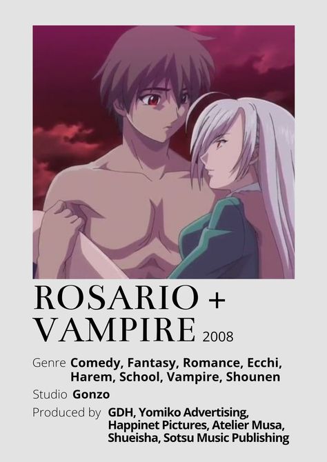 Rosario+Vampire Anime Minimalist poster 😊 Information taken from myanimelist.net and wikipedia.org Rosario Vampire Wallpapers, Best Action Romance Anime, Vampire Poster, Rosario Vampire Anime, Anime Minimalist Poster, Poster Information, Vampire Anime, Bleach Anime Ichigo, Rosario Vampire