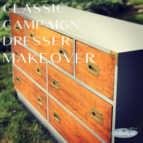 Campaign Furniture Diy, Campaign Dresser Makeover, Masculine Painted Dresser, Painted Campaign Dresser, Diy Bedroom Furniture, Paint Driftwood, Campaign Chest Of Drawers, British Campaign Furniture, Metallic Gold Spray Paint