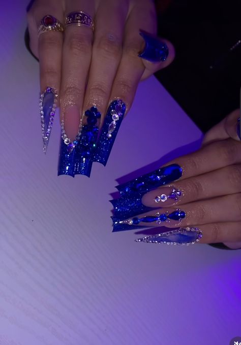 Royal Blue Nails Christmas, Royal Blue Christmas Nails, Blue Nails Christmas, Blue Christmas Nails, Fresh Nails, Black Lace Evening Dress, Royal Blue Nails, Blue Glitter Nails, Acrylic Ideas