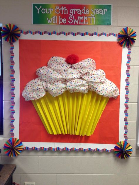 Cupcake Birthday Board Classroom, Cupcake Bulletin Board Ideas, Cupcake Door Decoration, Cupcake Classroom Theme, Bakery Bulletin Board, Bakery Themed Classroom, Candy Land Classroom Theme, Candyland Bulletin Board Ideas, Candyland Classroom Theme