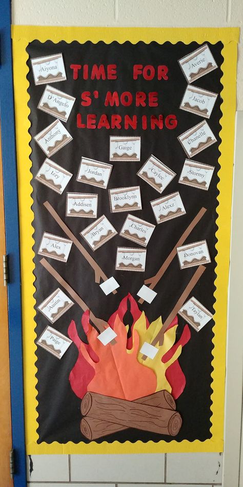 Camping Theme Doors At School, Camp Fire Bulletin Boards, Smores Classroom Door, Fall Camping Classroom Door, S'more Classroom Door Decoration, Smore Themed Classroom Door, Ready For S'more Learning Bulletin Board, Camp Door Decorations Classroom, Camping Classroom Door Ideas