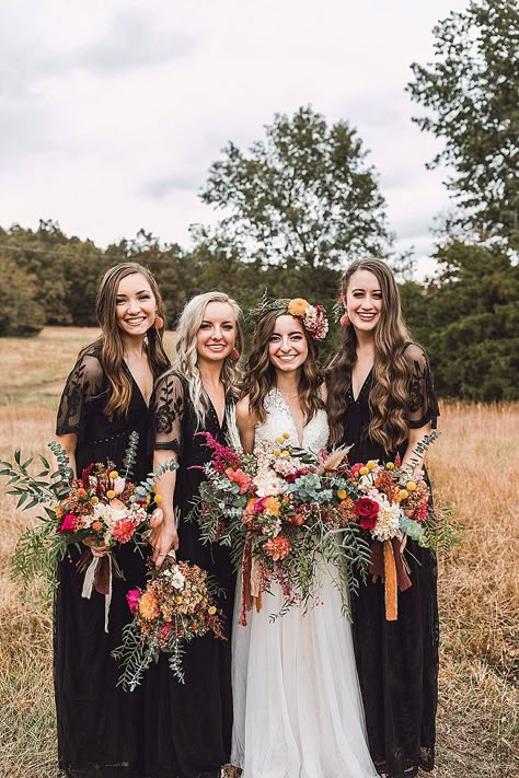 Black Bohemian Wedding, Fall Wedding In The Woods, Colorful Forest Wedding, Wedding Colors With Black, Boho Black Wedding, Black Bridesmaid Dresses Fall, Black Fall Wedding, Black Boho Wedding, Fall Forest Wedding