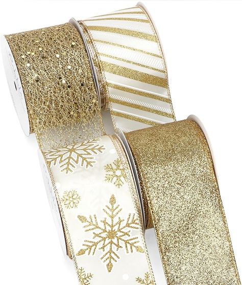 Amazon.com: Ribbli Gold Wired Ribbon for Christmas Tree,Glitter Mesh Snowflake Stripe Christmas Ribbon for Crafts,Wreaths,Topper Bow,Gift Wrapping,Tree Decoration-4Rolls 2-1/2 Inch Total 40 Yard Bow Wreaths, Ribbon For Christmas Tree, Bow Gift Wrapping, Christmas Toppers, Christmas Tree Glitter, Christmas Snowflakes Decorations, Make Bows, Christmas Wired Ribbon, Christmas Tree Topper Bow