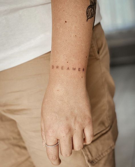 Dreamer Tattoo, Unique Small Tattoo, Small Finger Tattoos, Fineline Tattoo, Girl Arm Tattoos, Cute Tiny Tattoos, Red Tattoos, Most Popular Tattoos, Tattoo Script