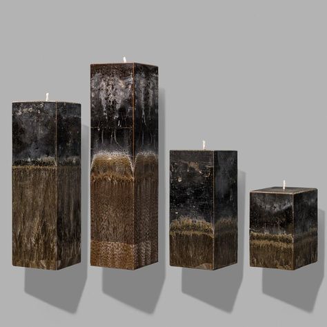 Unscented Pillar Candles Online - House of Saku Creative Candles, Natural Patterns, Handcrafted Candles, Candle Craft, Black Rectangle, Black Candles, Unique Candles, Golden Lights, Natural Wax