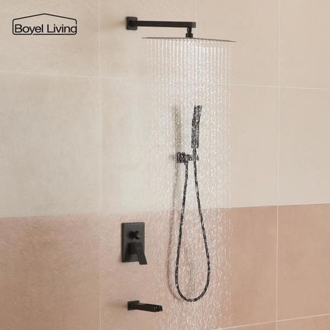 Boyel Living 1 -Spray Patterns with 2.5 GPM 12 in. Wall Mount Dual Shower Heads with Bathtub Faucet and Valve in Matte Black-MS-A3807-12MB - The Home Depot Ceiling Mounted Shower Head, Rain Shower System, Brass Shower Head, Dual Shower Heads, Shower Holder, Rainfall Shower Head, Tub Spout, Handheld Shower Head, Tub And Shower Faucets