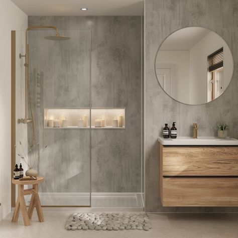 Bathrooms • Instagram Wet Wall Shower Panels, Stone Bathroom Wall, Pvc Bathroom Wall Panels, Gray Bathroom Walls, Ensuite Bathroom Designs, Bathroom Shower Panels, Stone Wall Panels, Bathroom Paneling, Luxurious Aesthetic