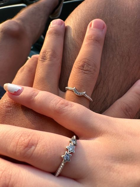 Pandora Moon Ring, Promise Rings Aesthetic, Promise Ring Aesthetic, Aesthetic Promise Rings, Pandora Star Ring, Anniversary Aesthetic, Heart Shaped Promise Rings, Pandora Rings Stacked, Pandora Moon