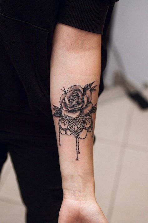 Inner Wrist Rose Tattoos For Women, Rose Mandala Tattoo, Mandala Wrist Tattoo, Rose Mandala, Forearm Flower Tattoo, Inner Forearm Tattoo, Rose Tattoos For Women, Skeleton Hand Tattoos, Tattoos Mandala