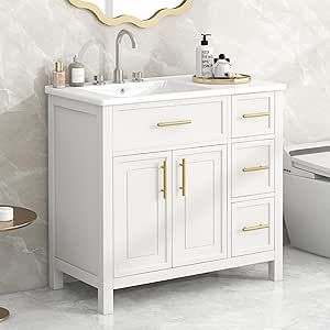 Merax 36" Bathroom Vanity with Sink, Wood White Bathroom Sink Cabinet with 3 Drawers and Doors, Wood Bathroom Vanity Set 36 Inch Bathroom Vanity, 36 Bathroom Vanity, Bathroom Vanity With Sink, Vanity With Sink, Bathroom Vanity Cabinet, Wood Bathroom Vanity, White Sink, Sink Countertop, Sink Top