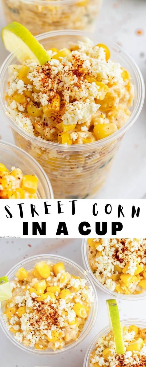 These MEXICAN STREET CORN CUPS are inspired by Elote, a favorite Mexican street food. Creamy corn with chili powder, cojita cheese, lime and cilantro. Elote Cup, Corn Cup Recipe, Street Corn Cups, Corn Cup, Corn In A Cup, Elote Recipe, Elote Corn, Recipe Copycat, Mexican Birthday Parties