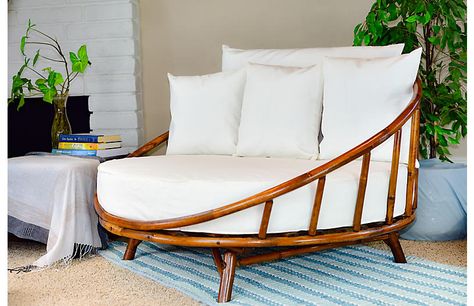 Rattana Daybed, Brown/White | One Kings Lane Rattan Daybed, Round Patio, Patio Daybed, Accent Sofa, Outdoor Sofas, Pool Garden, White Throw Pillows, Bamboo Furniture, White Cushions