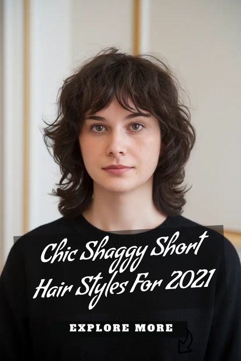 Person with shaggy short hair, text overlay: "Chic Shaggy Short Hair Styles For 2021". Medium Wavy Shag Haircuts, Short Shag Curtain Bangs, Modern Shag Haircuts Short, Short Shag With Bangs Layered Cuts, Short Rocker Hair, Short Shaggy Hair, Shaggy Bobs, Short Shaggy Bob, Curly Shag Haircut